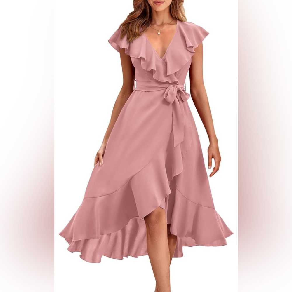 PRETTYGARDEN 2025 Cross Casual Boho Deep V Neck Short Sleeve Ruffle Hem Split